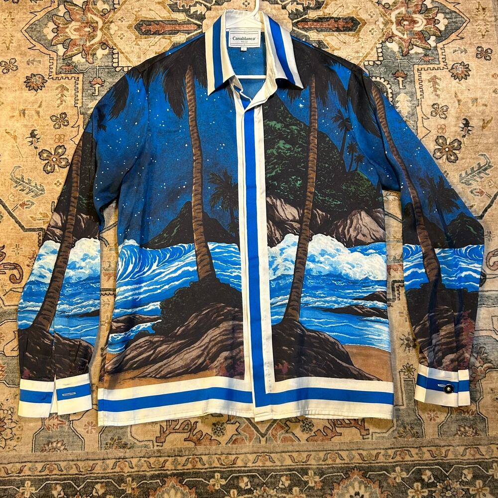 Casablanca Tennis Club Silk Printed Long Sleeve button shirt beach sunset Large